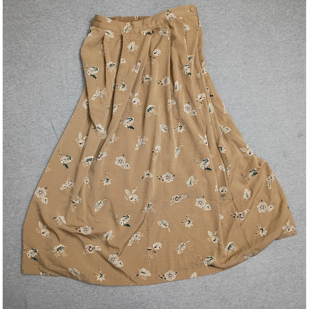 Bice Vintage Floral Dot Midi Skirt Tan Brown Elastic Size 16 Prairie Cottagecore